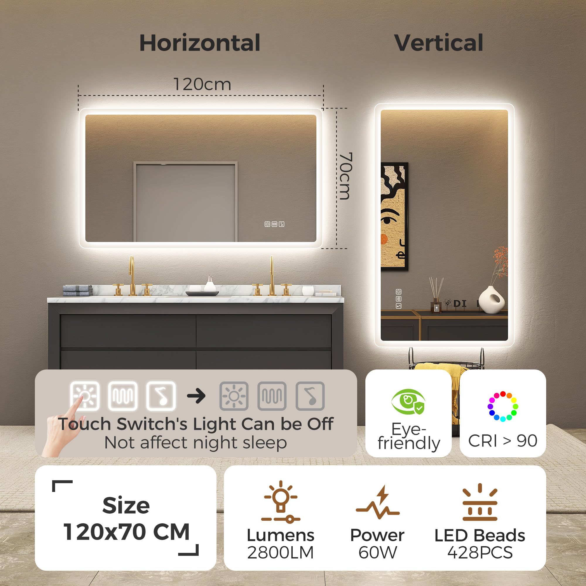 STARLEAD Grand Miroir-LED-Salle-de-Bain-avec-Éclairage 120x70cm, Bluetooth, Dimmable, 3 Couleurs Légères, Anti-buée, Mémoire, IP44, Verre Trempé HD, Horizontal/Vertical
