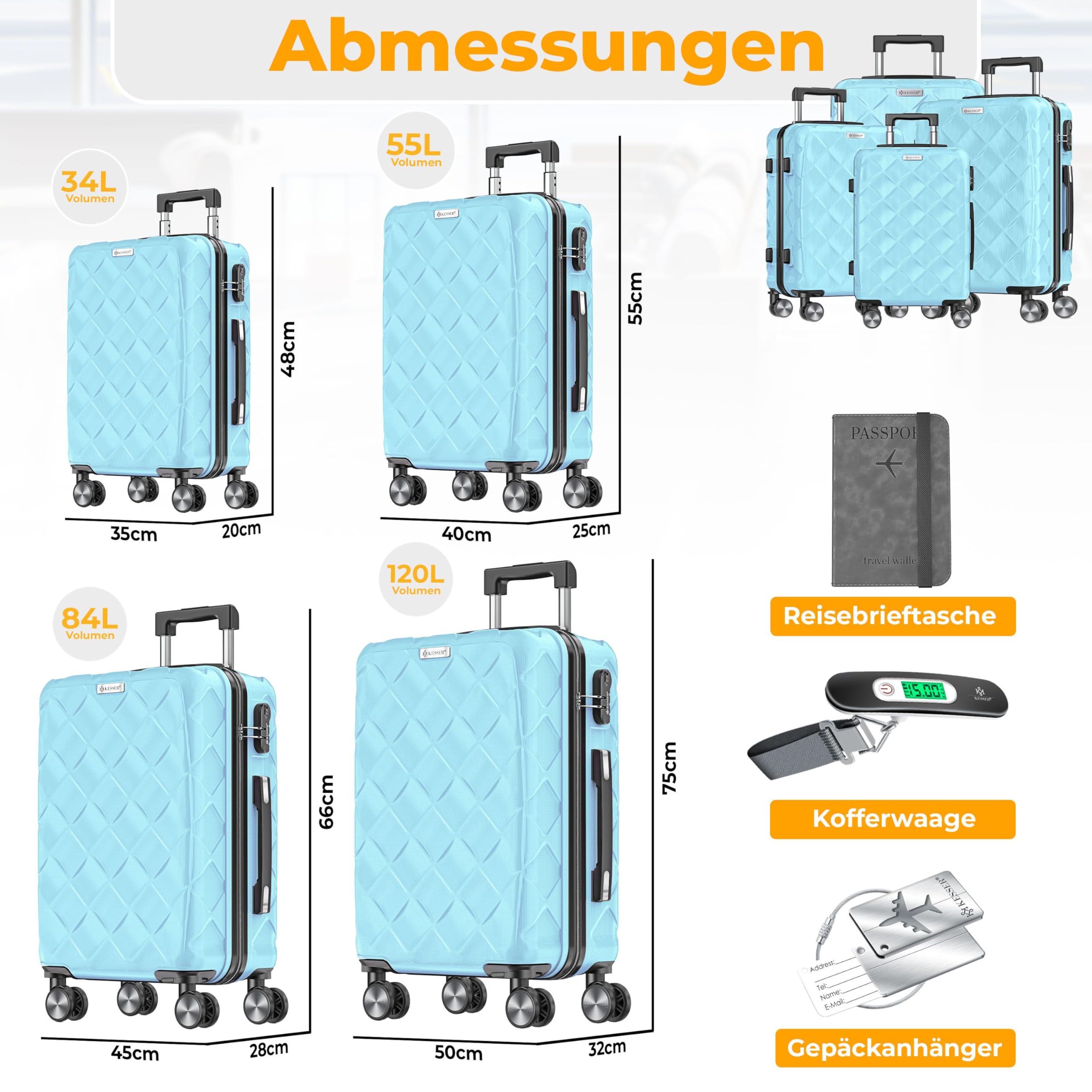 KESSER Set di 4 valigie da viaggio in ABS, con serratura a combinazione, bilancia e portafoglio da viaggio, ruote a 360°, bagaglio a mano e grande valigetta per trolley da lavoro e da viaggio, blu