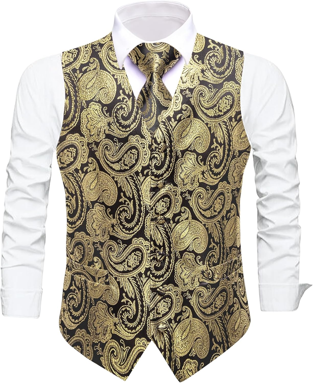 Dubulle Mens Suit Vest Tie Set Yellow Glitter Paisley Floral Silk V-neck Waistcoats for Men with Necktie Wedding Tuxedo