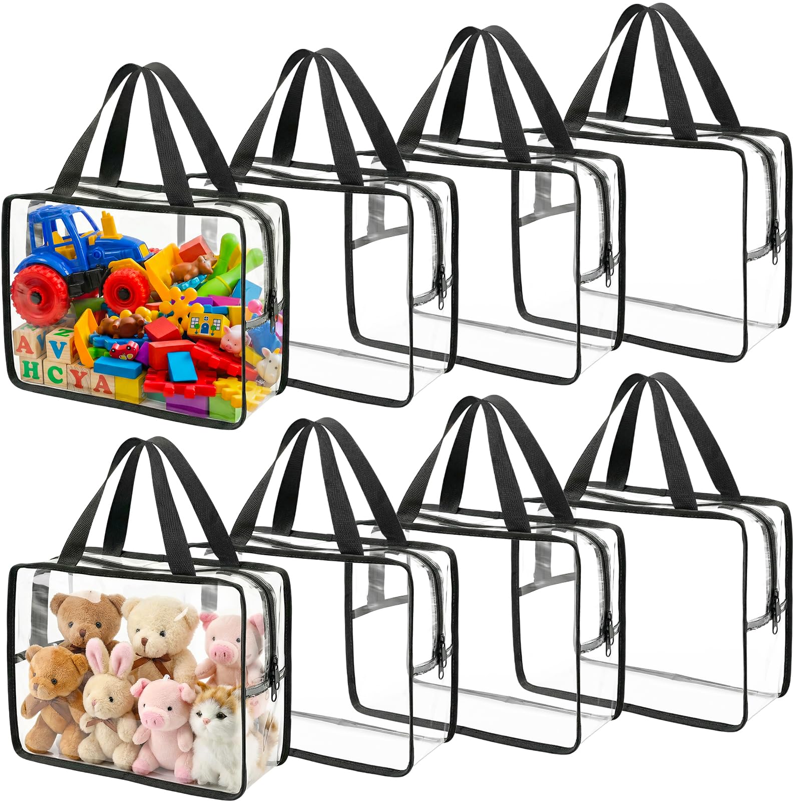 8 Packs Zip Bags for Toys, Toy Board Game Storage with Handles, Clear PVC Waterproof Storage Bags with Zipper, 11.8 x 8.66 x 3.9 in Organizing Bag for Building Blocks, Puzzle, Balls, Board Games
