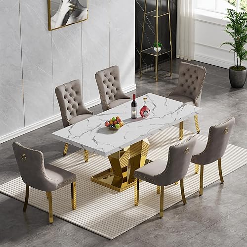 Miniatura 114 de Juego de mesa de comedor de mármol sintético, 7 piezas, juego de mesa de cocina y comedor para 6, mesa de comedor rectangular blanca de 70 pulgadas