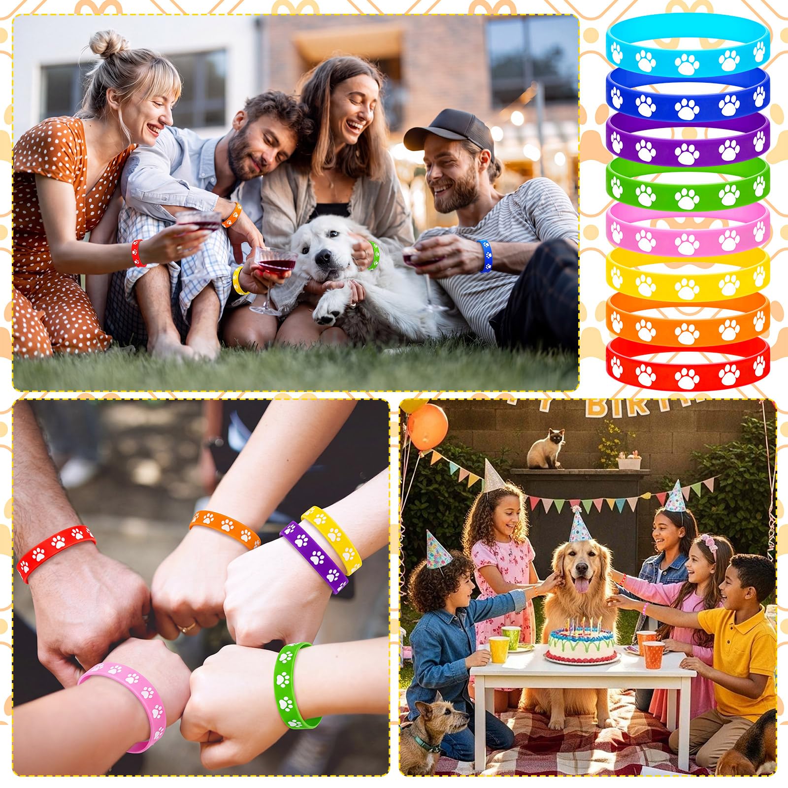 Gejoy Lot de 200 bracelets élastiques en silicone avec empreintes de pattes multicolores pour fête d'anniversaire