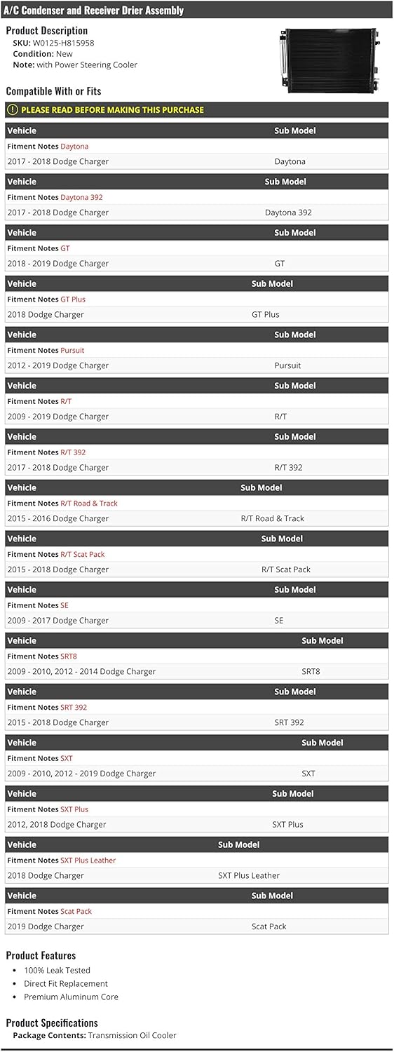 A/C Condenser and Receiver Drier Assembly - with Power Steering Cooler and Transmission Oil Cooler - Compatible with 2009-2019 Dodge Charger