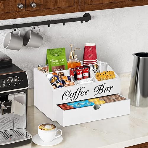 Miniatura 2 de Organizador de barra de café de madera para encimera con cajón, accesorios de estación, cesta de almacenamiento para vainas, organizador de