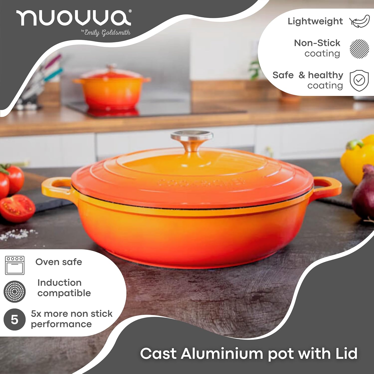 Casserole Dishes with Lid Oven Proof – Non Stick Shallow Dutch Oven – Induction Cooking Pot – Oven Safe Aluminium Stockpot – 3.9L, 28cm, Orange – by Nuovva 5 81AerVJlDkL. AC SL1500