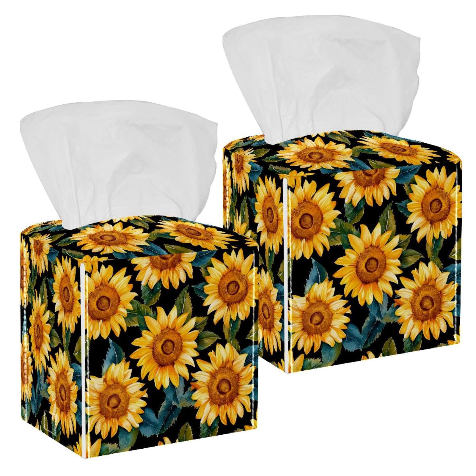 Sunflower Tissue Box Cover, 2 Pack PU Leather Square Facial Tissue Dispenser Box holder for Home Office Car