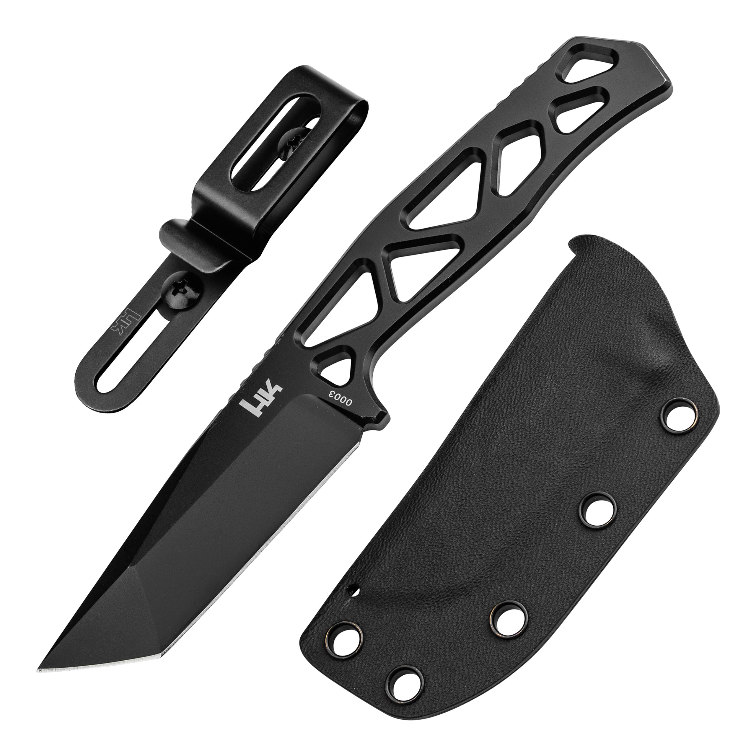 HECKLER & KOCH® FX01 - feststehendes Skelett Messer 42a konform - taktisches Einsatzmesser mit Kydex-Scheide & Gürtel-Clip - EDC Neck Knife mit 7,5 cm Tanto Klinge schwarz - Vollmetall Outdoormesser