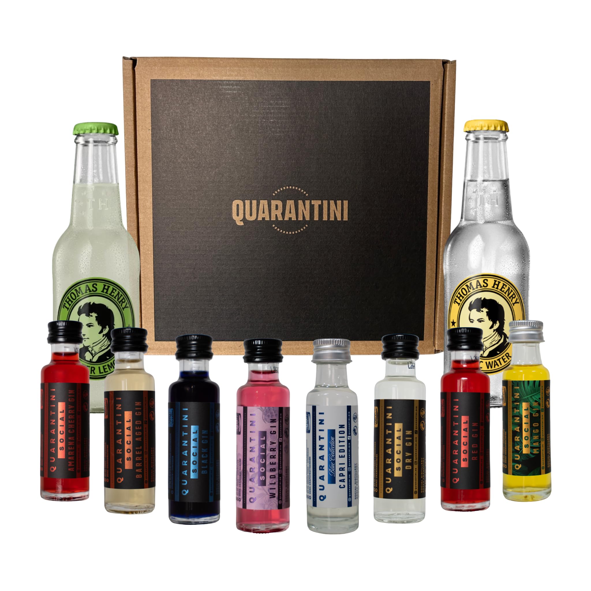 Quarantini Gin Tasting Set 8 x Mini Quarantinis & 2 x Thomas Henry Tonic Mischgetränke | Premium Gin 42% Vol. mit hochwertigen, fruchtigen Botanicals | Probierset inkl. Bitter Lemon, Tonic Water