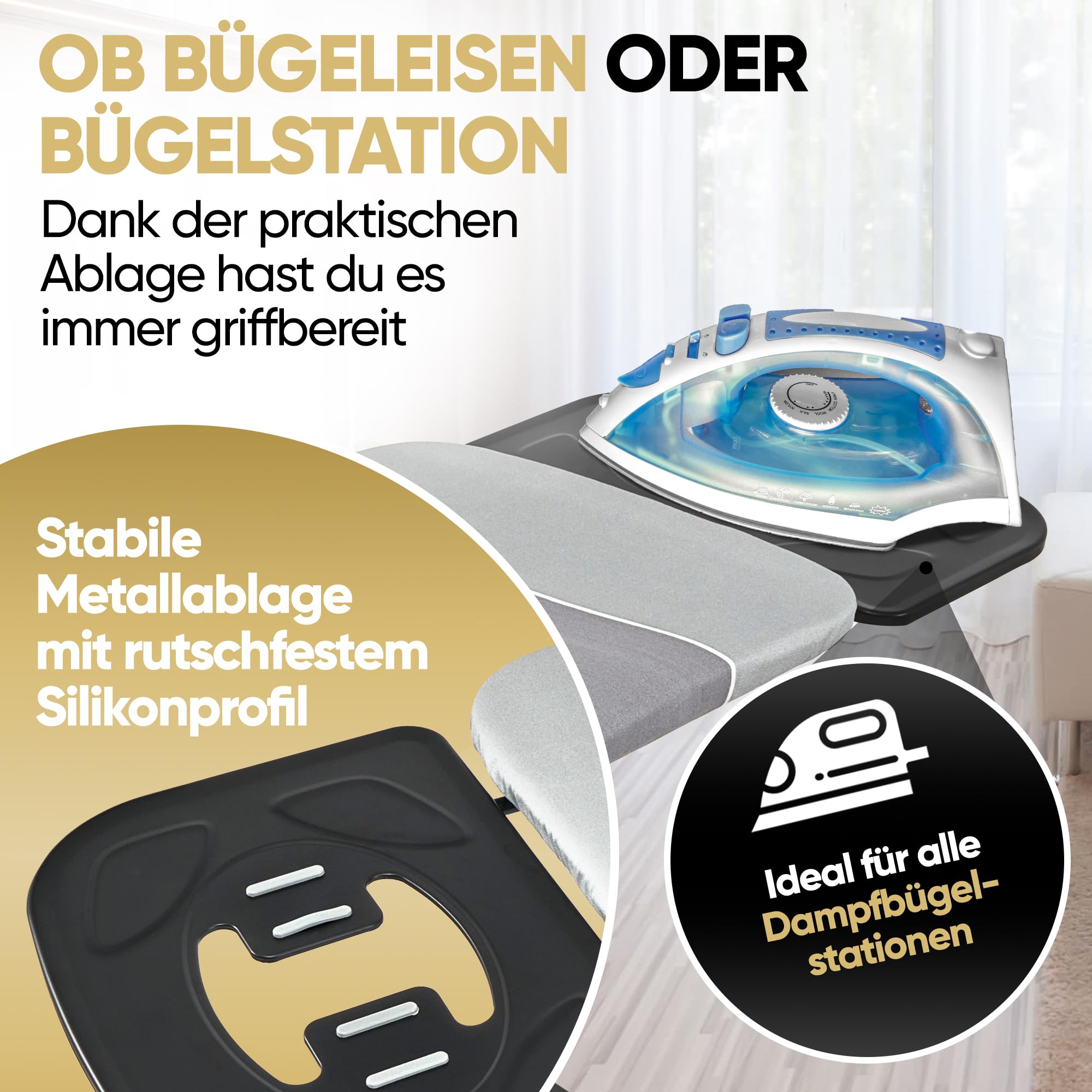 Avieto XXL Bügelbrett 124x43 cm für Dampfbügeleisen und Normale Bügeleisen | Bezug 5 Lagig Dampdurchlässig Hitzreflectierend GlideCharge & Park Place