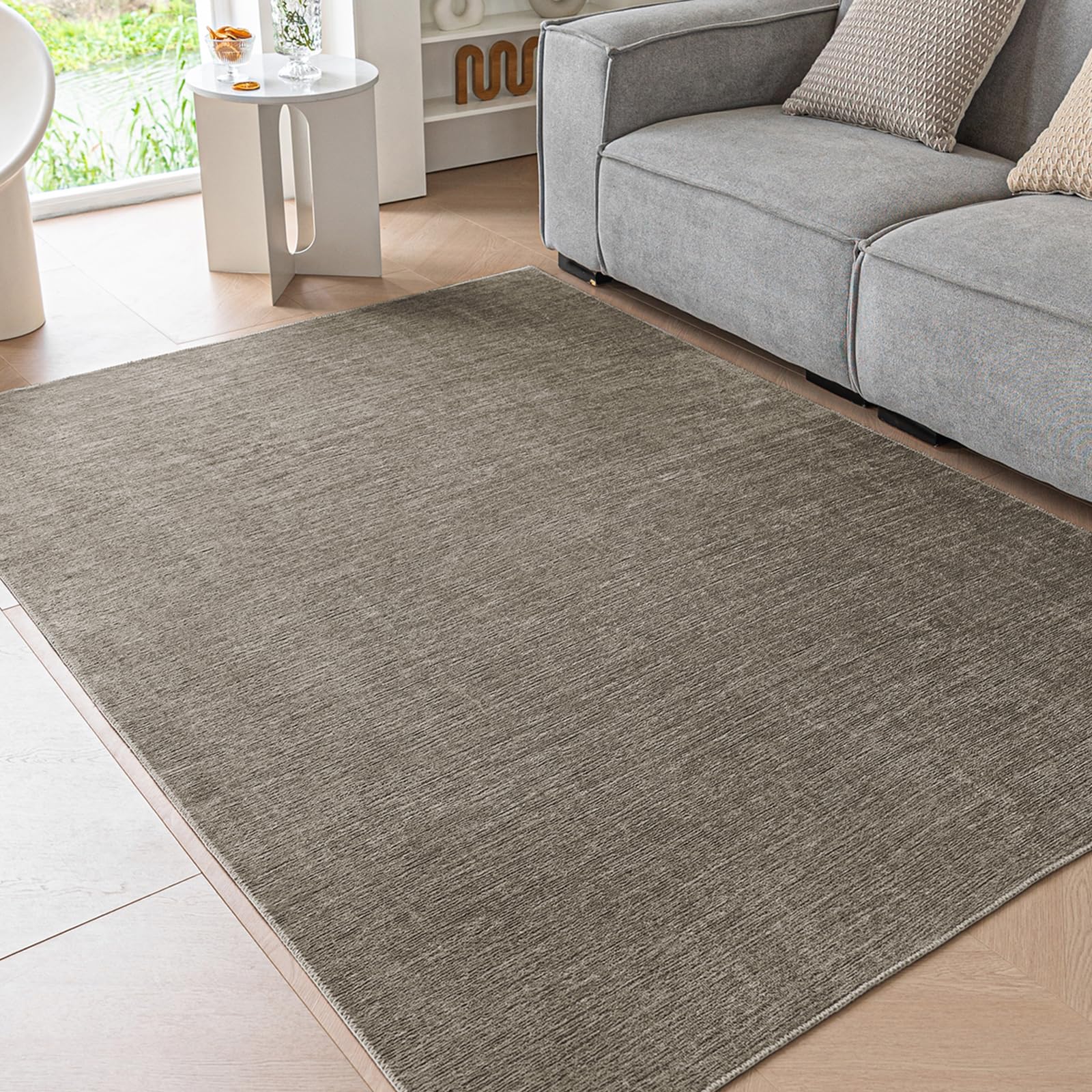 Ceneco Large Short Pile Rugs Living Room, Thin Rugs for Bedroom, Washable Chenille Rug, Non Slip Kids Rug, Low Pile Lounge Carpet, Square Area Carpet for Bedside Office Kitchen(Taupe, 140×200cm)