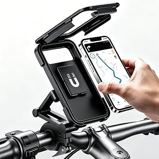 Waterproof Motorcycle Phone Holder Bike Phone Mount Upgraded Black | Motorcycle Bike Phone Holder for Handlebar, 360° Rotatable Adjustable, Fully Enclosed Touch Sensitive Design, for Most Phones