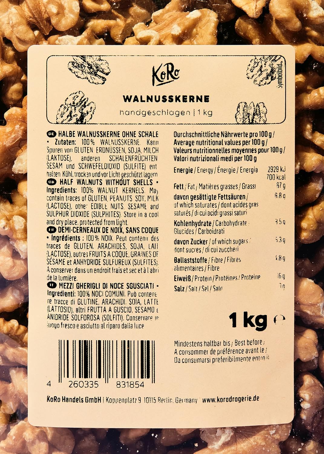 KoRo - Noci sgusciate grandi ed extra chiare 1 kg - Noci di prima qualità, al naturale e senza guscio