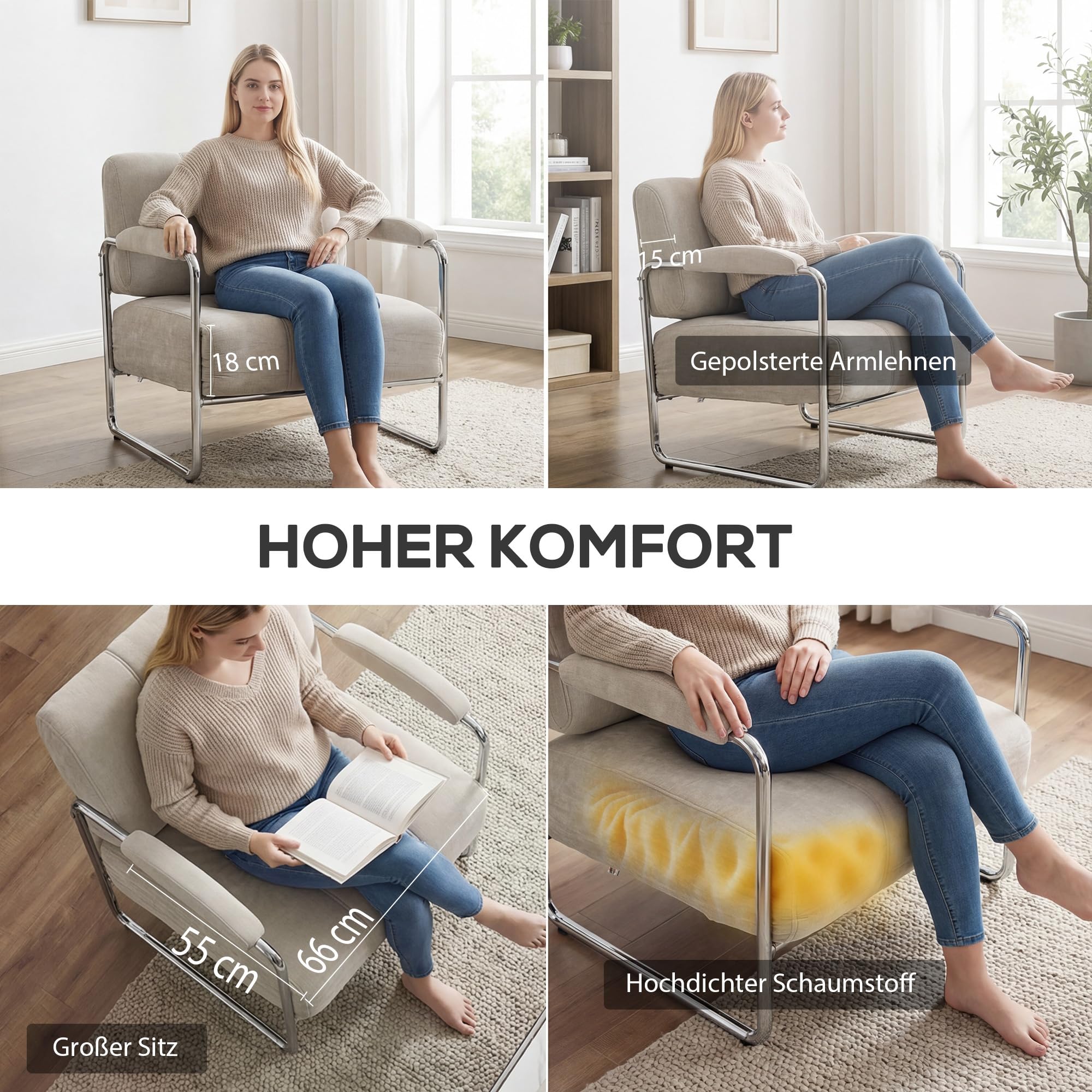 HOMCOM Fotel wypoczynkowy z podłokietnikami, szerokim siedziskiem i grubą warstwą pianki, elegancki fotel z tkaniną chenille, elektroplaterowane stalowe nogi, do salonu lub sypialni, beżowy