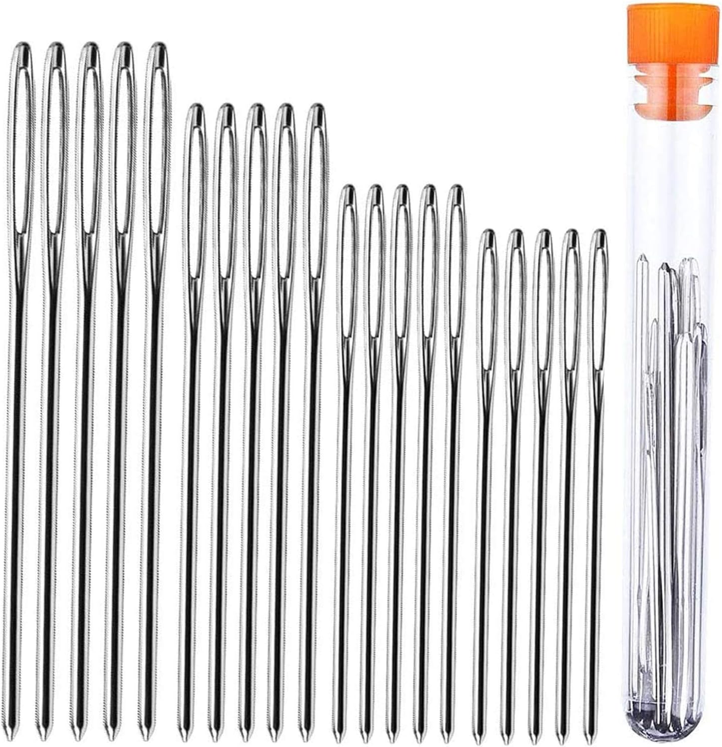 MUZHI 20 Pcs Big Eye Hand Sewing Needle, 4 Sizes Large Eye Stitching Needles with a Clear Storage Tube (5 per Size)