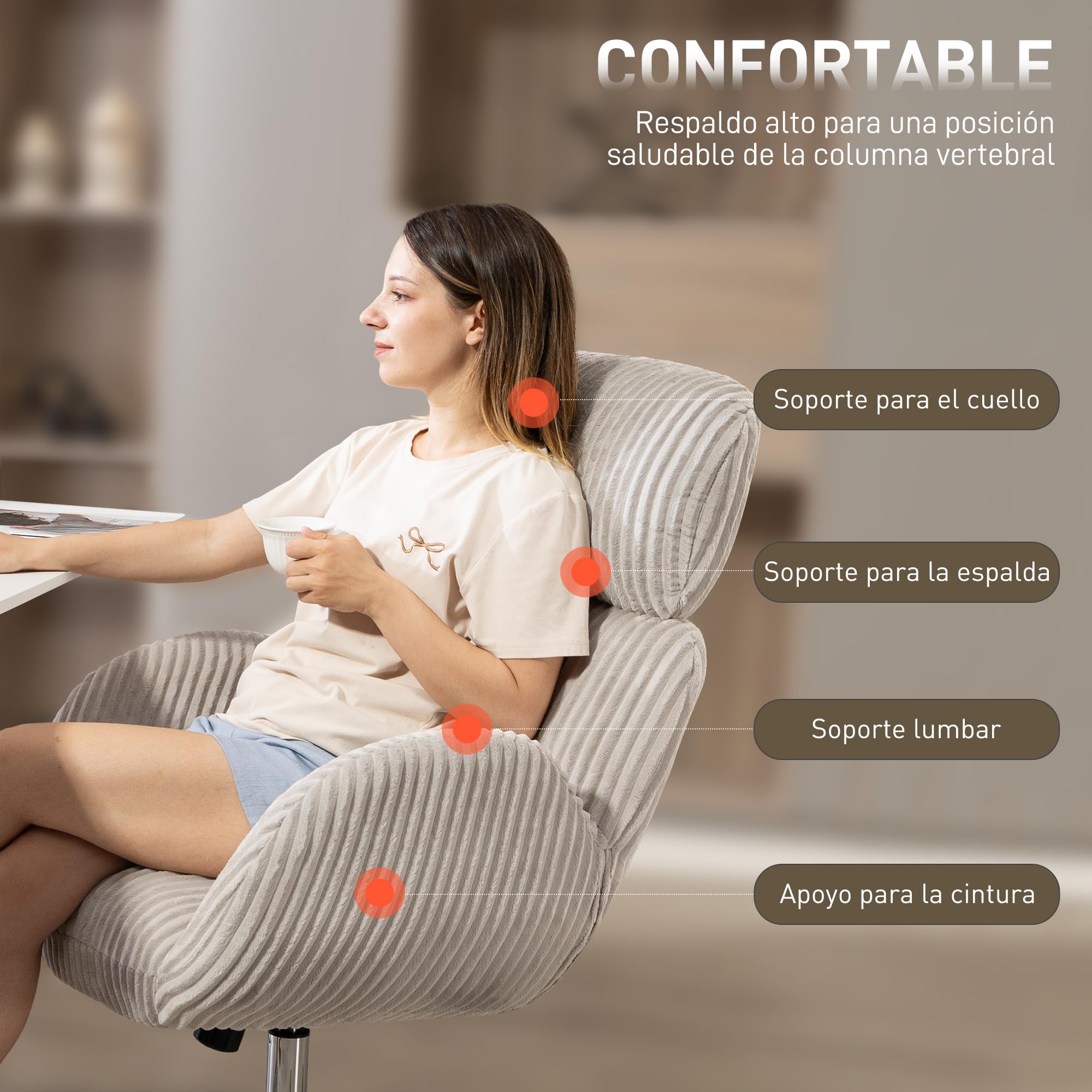 HOMCOM Silla de Oficina Piernas Cruzadas Reposabrazos Respaldo Alto Gris | Silla de Escritorio, Reposacabezas Regulable, Ruedas, Altura Ajustable, Giratoria, Función Basculante, Tapizada en Pana
