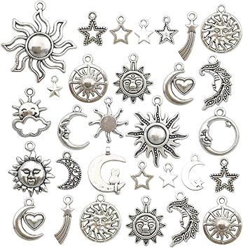 100g(80pcs) Craft Supplies Mixed Antique Silver Sun Moon Stars Charms Pendants for Crafting, Jewelry Findings Making Accessory for DIY Necklace Bracelet (M250)