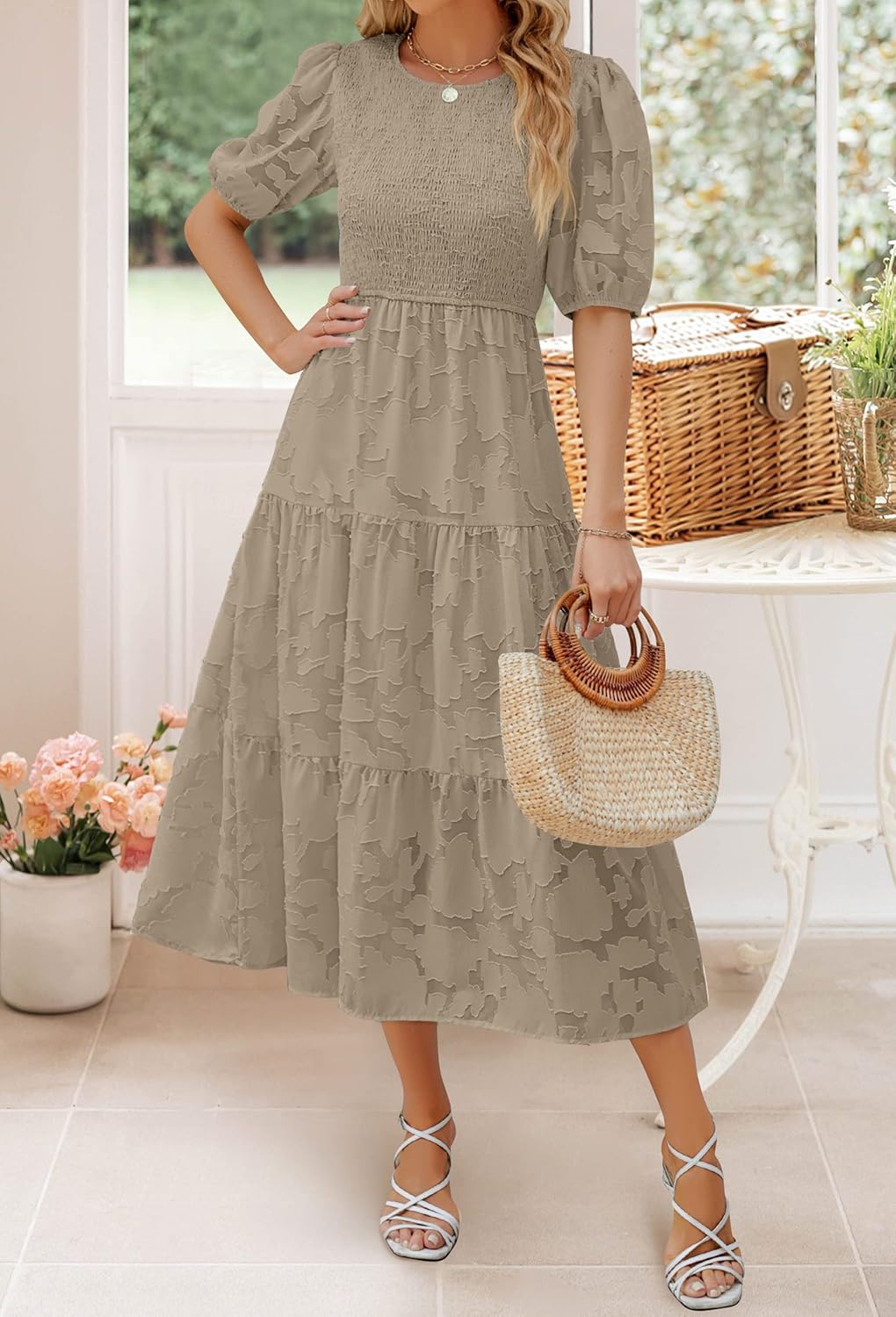 ZESICA Women's 2026 Summer Short Puff Sleeve Crewneck Smocked Floral Lace Flowy A Line Tiered Maxi Dresses - Image 7