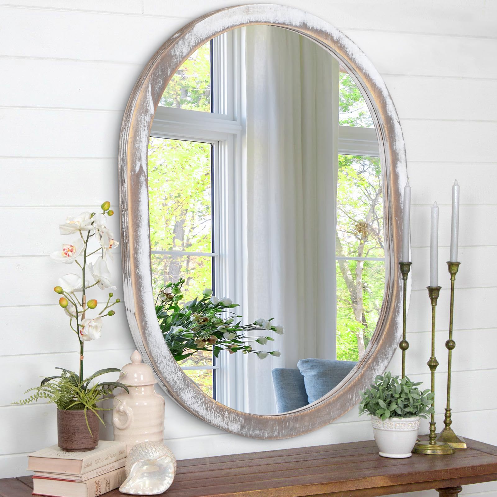 JJUUYOU Espejo ovalado grande de madera de 45 x 65 cm, espejo de baño enmarcado en pared para tocador, casa de campo, espejo blanco rústico para tocador, sala de estar, entrada, dormitorio