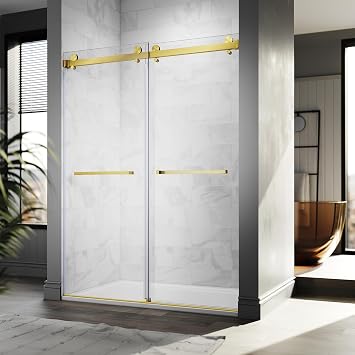 UKD01 61 to 65 in. W x 76 in. H Double Sliding Frameless Shower Doors - Stainless Steel 3/8" 10mm Certified Tempered Glass 65x76-TT-SB