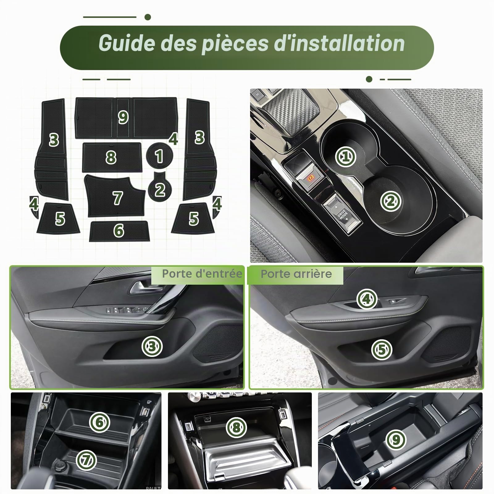 Tapis Anti-dérapant pour Peugeot 2008 E-2008 2020-2025 – Tapis en Caoutchouc Original pour Console Centrale, Porte-gobelets, Fente de Porte, Compatible avec Peugeot 2008 GT Line (Noir)