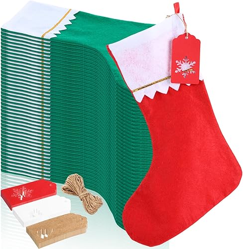 Suhine Paquete de 48 medias de Navidad no tejidas a granel de 10 pulgadas con etiqueta colgante de alce de copo de nieve (rojo, blanco, verde)