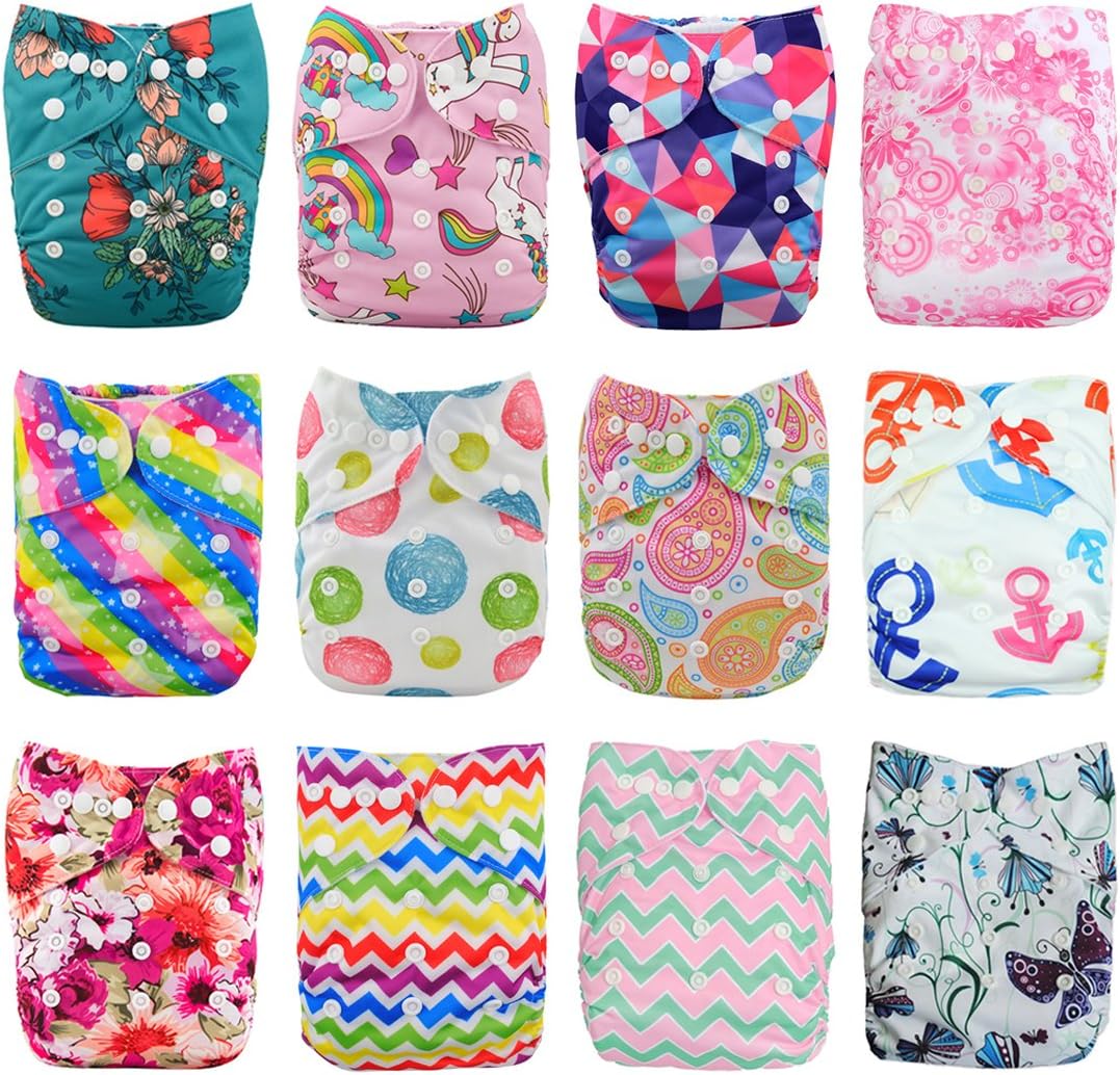 Babygoal Baby Cloth Diapers,One Size Adjustable Reusable Pocket 12pcs Diapers+12pcs Charcoal Bamboo Inserts+Wet Bag+4pcs Baby Wipes 12fg41-3