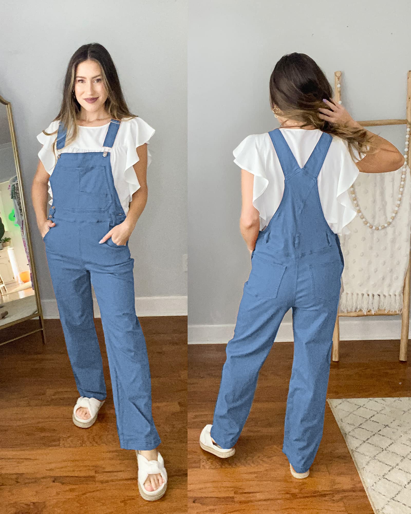 Roskiky Salopette en jean pour femme - Coupe ample - Coupe ample - Coupe droite - Jambes larges - Stretch - Mode