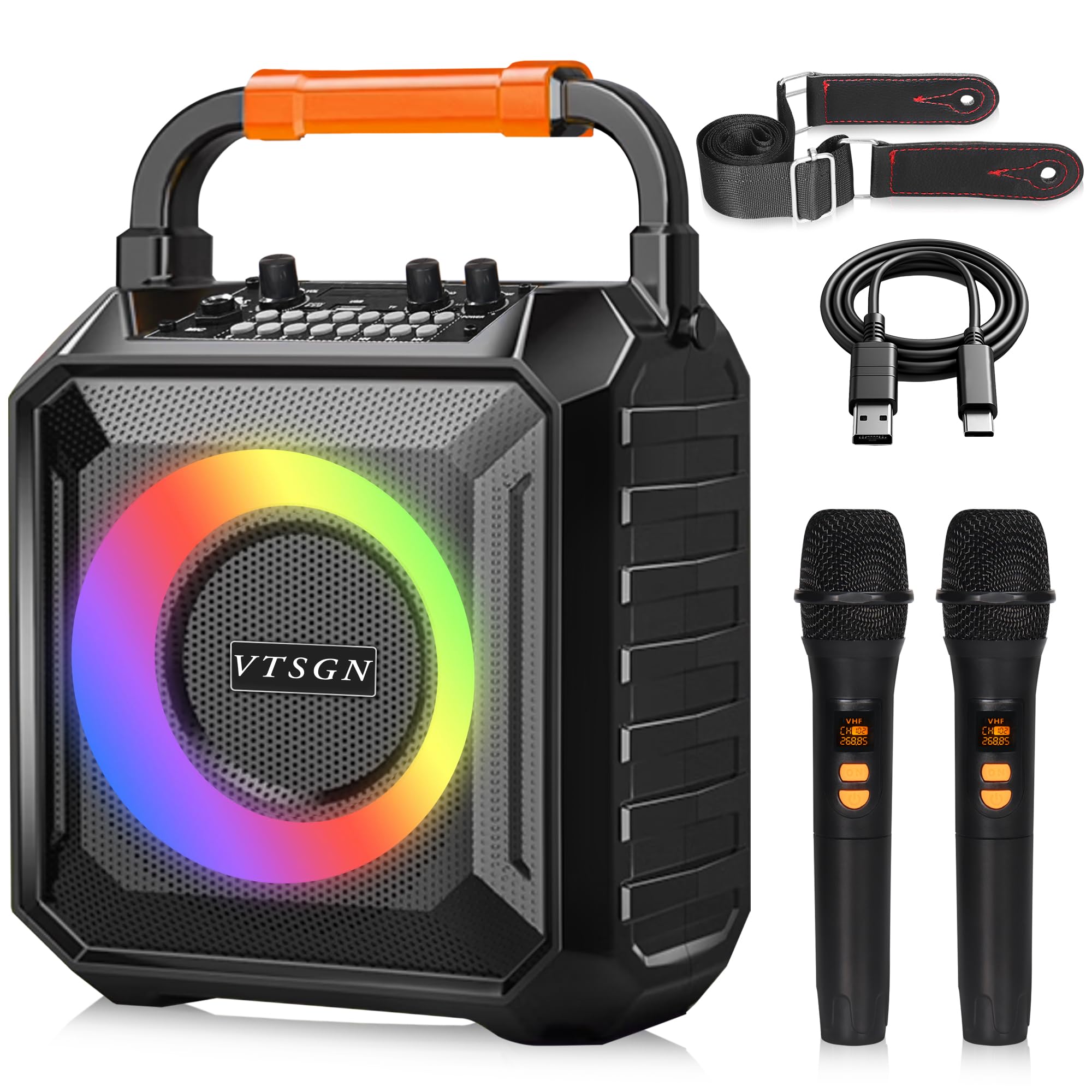VTSGN Portable Karaoke Machine - Two Wireless Microphones, LED Lights, PA System, Supports TF Card/USB, AUX in, FM, Recording - Ideal for Adults & Kids
