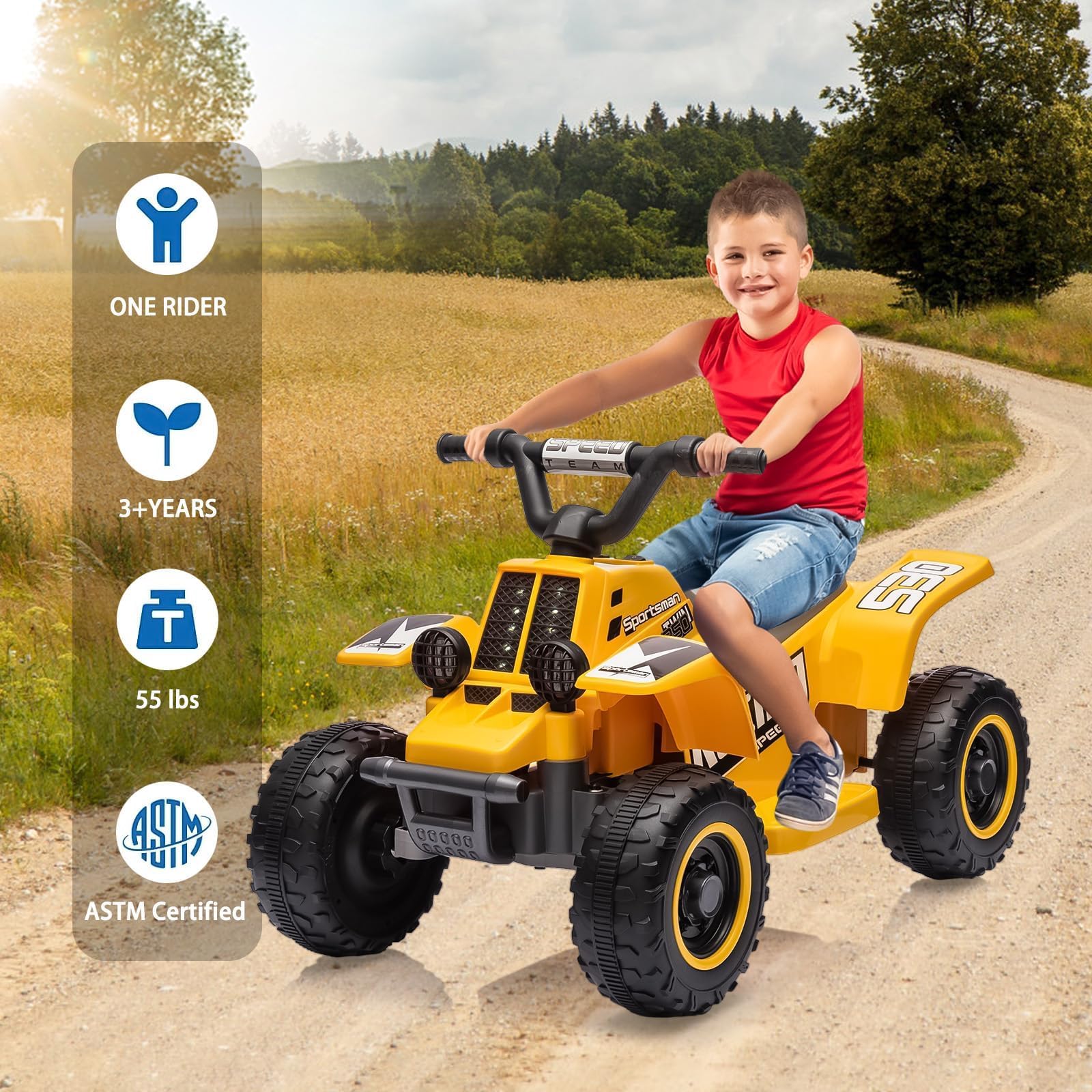 Quad Electrico Niño de 6 V con Luces LED, Música y Bocina, Quad Niño con Marcha Adelante y Atrás a Partir de 3 Años, Amarillo