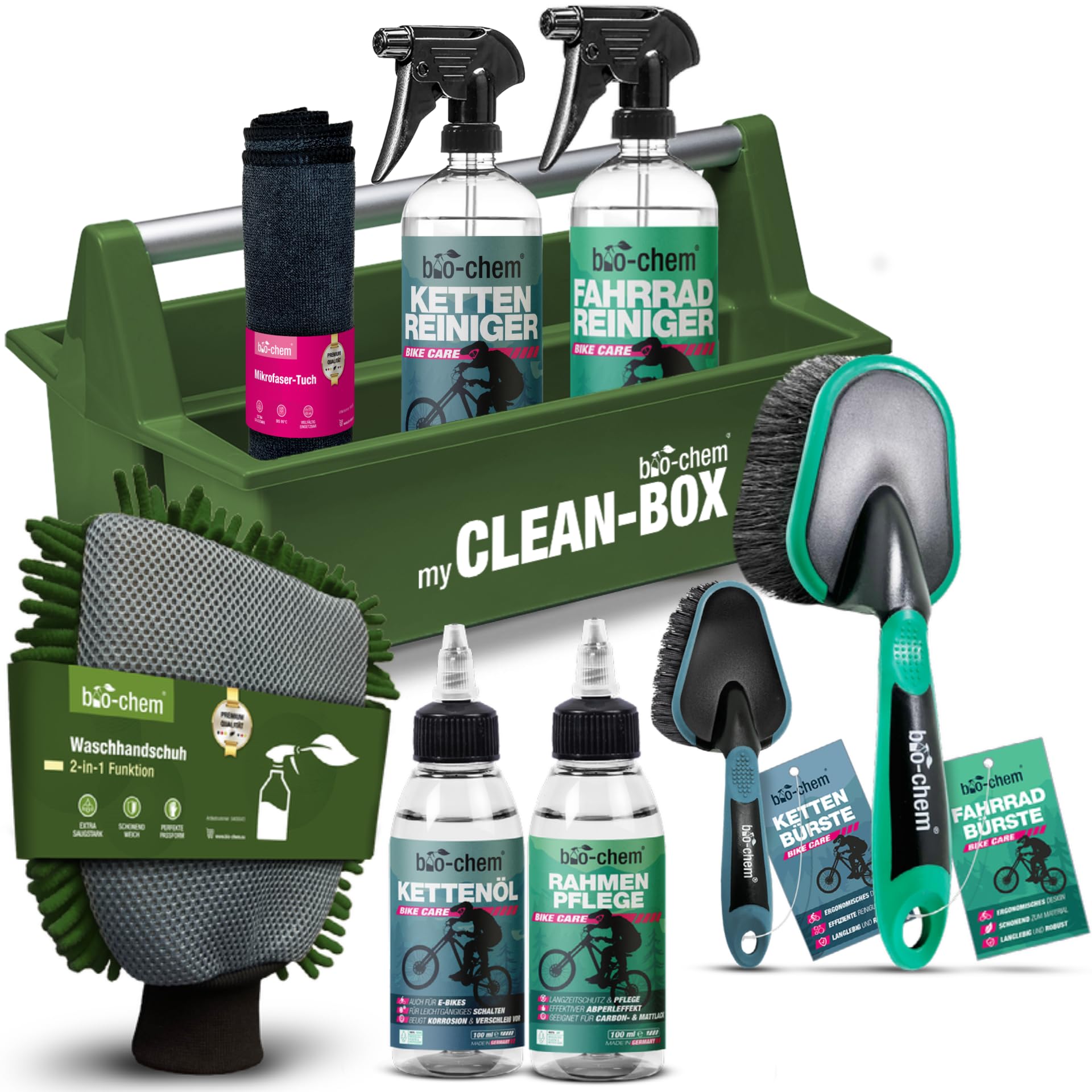 bio-chem Kit de 9 productos para el cuidado de bicis + accesorios | Productos para la limpieza de los cuadros de las bicicletas de carretera y de las cadenas - Accesorios y Caja incluidos