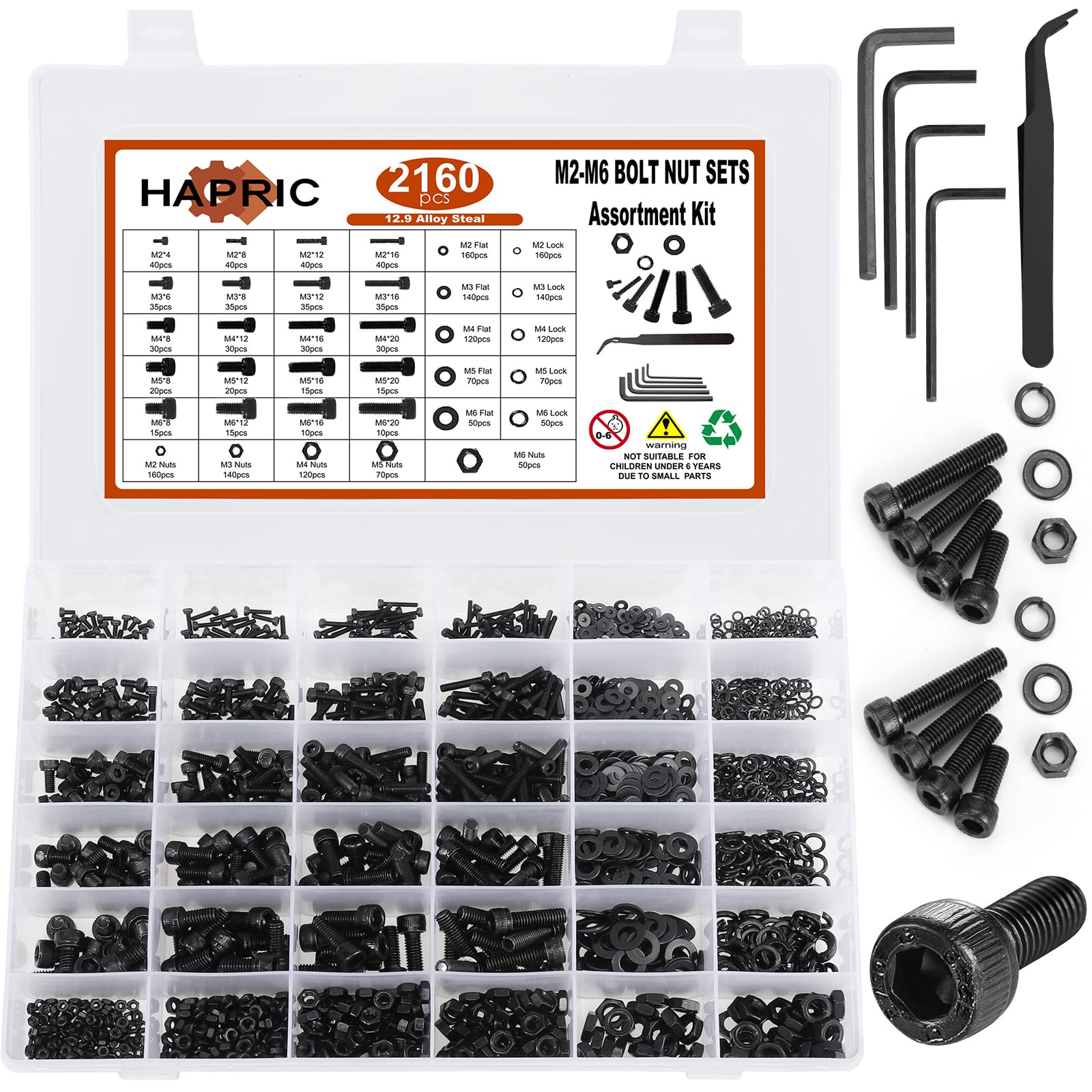 Photo 1 of Hapric 2160 Pcs Metric Screw Assortment M2 M3 M4 M5 M6 Nuts and Bolt Kit