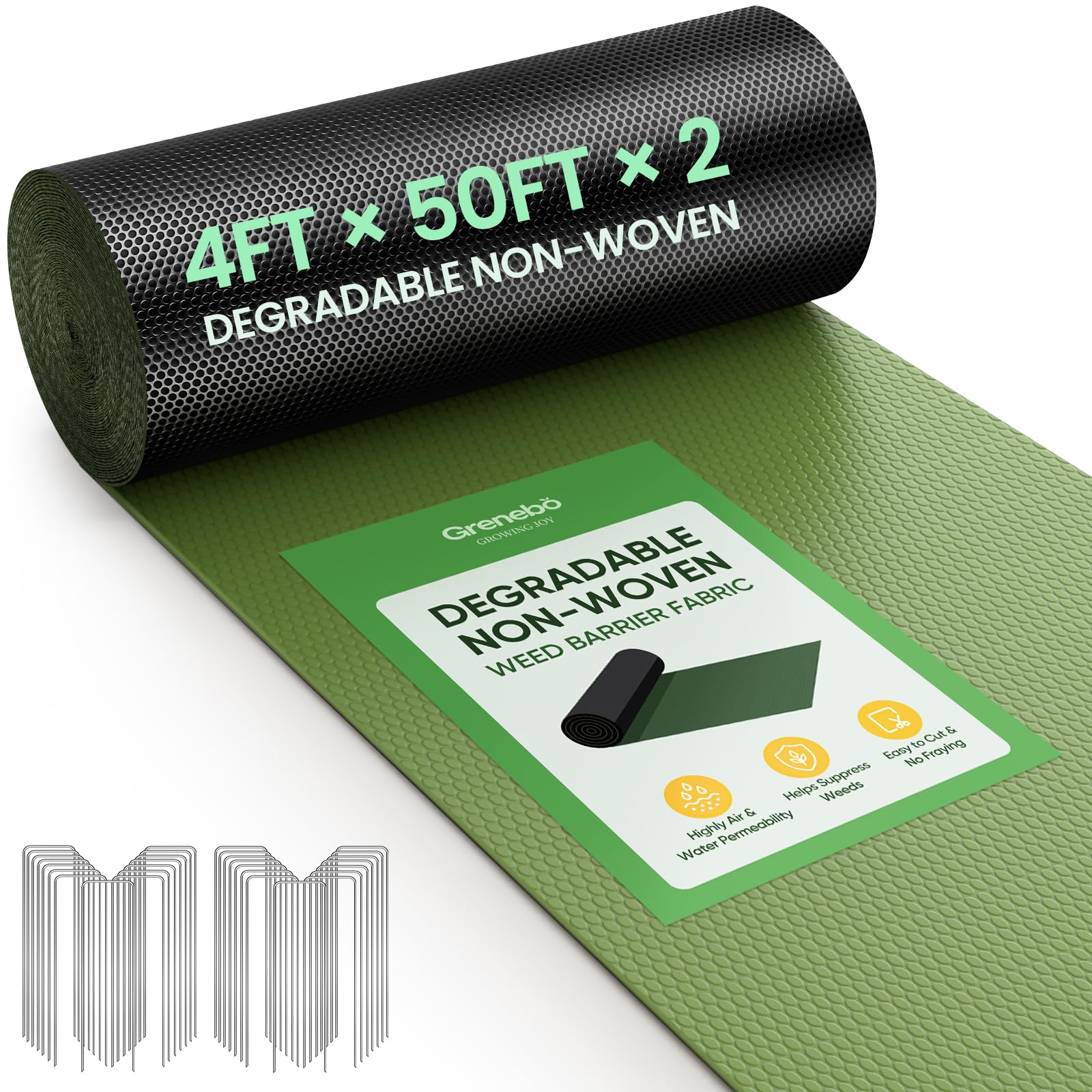 Grenebo Weed Barrier Fabric, 4FT x 100FT, Non-Woven Landscape Fabric, Easy to Cut & Fray-Resistant, Breathable & Permeable, Landscaping Fabric with 30 Stakes, for Gardens, Flower Beds, Vegetable Plots