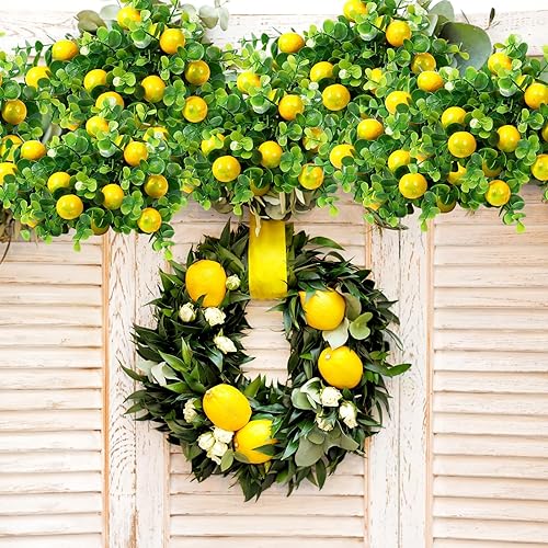 Miniatura 5 de Tigeen Paquete de 12 limones para decoración, ramas de limón falsas, color amarillo vivo artificial, centros de mesa para cocina, frutas y troncos