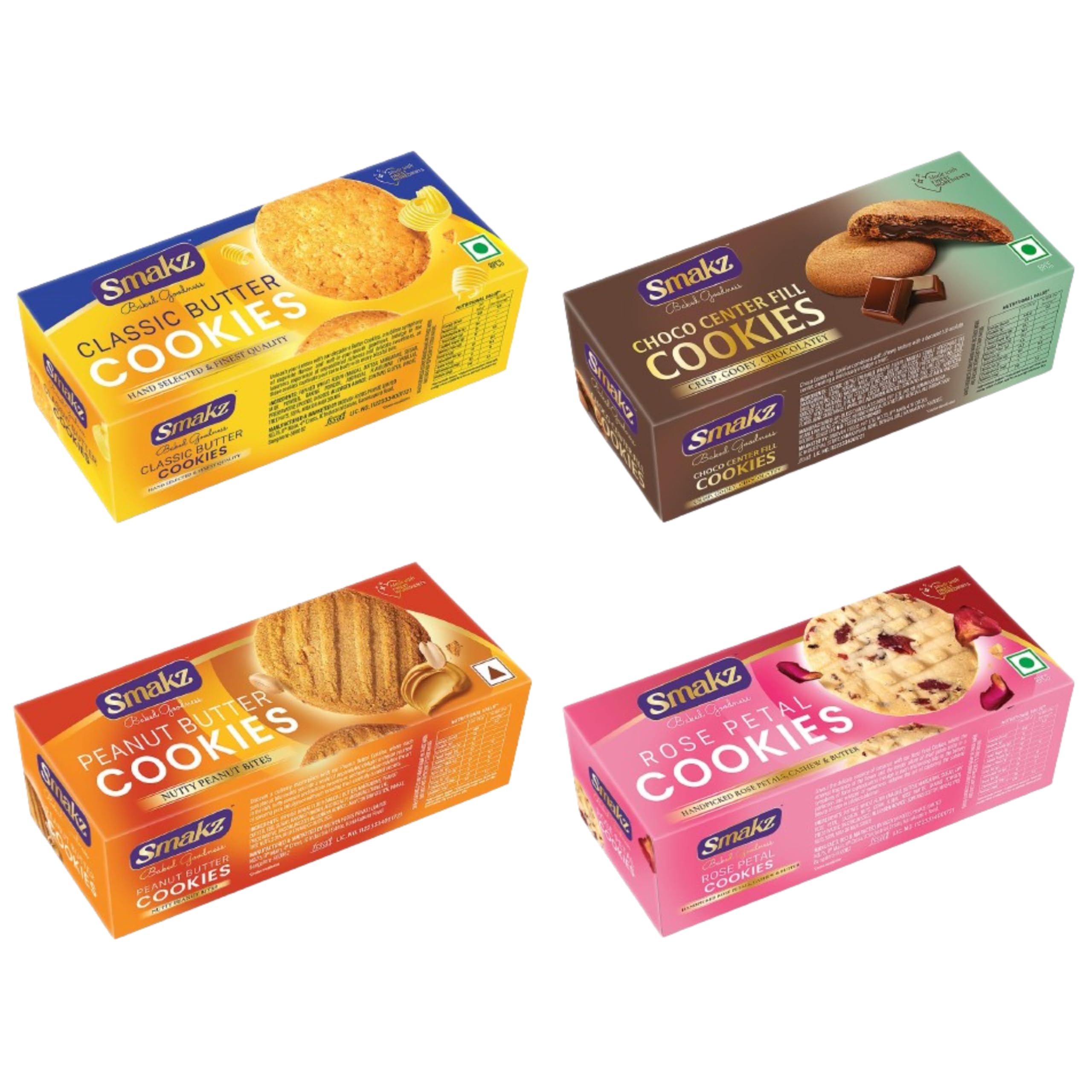 SMAKZ Variety Cookie Pack - Includes Classic Butter, Choco Center Fill, Peanut Butter and Rose Petal Cookies - 75g Each, Pack of 4 (B0D9XZXH2N) Amazon Price History, Amazon Price Tracker