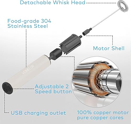 Miniatura 5 de Espumador de leche, espumador recargable a pilas para café, mezclador de bebidas portátil con 2 cabezales de batidor de acero inoxidable, espumador