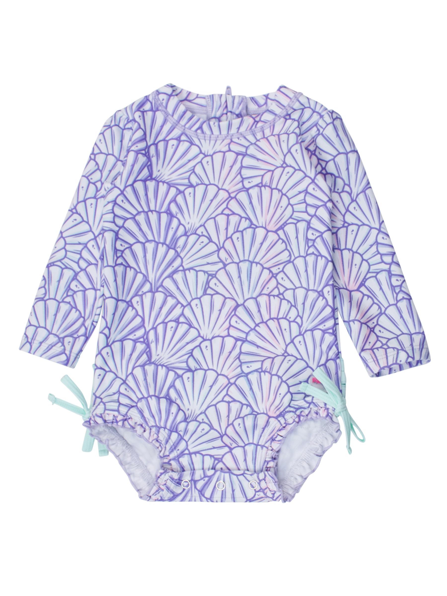 RuffleButts Baby Girls Novelty Baby One Piece - Rash Guard Swimsuit | 80% Nylon 20% Spandex, UPF 50+, Lightweight, Medium Stretch, Full Seat Coverage, Bottom Snaps, Unlined, Infant Beach Swim