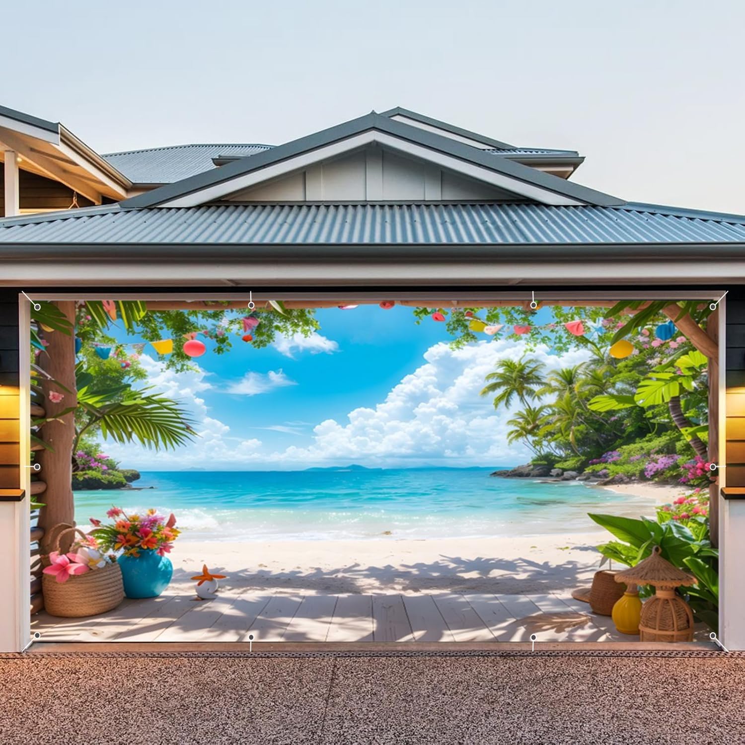7x16ft Tropical Beach Garage Door Cover Greenery Palm Trees Garage Door Summer Decorations Banner for 2 Car Garage Large Hawaiian Banners for Outdoor Luau Party Supplies
