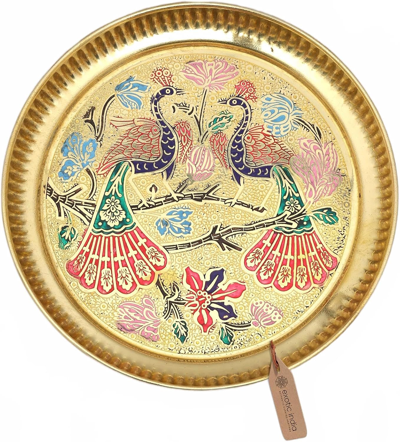 Exotic India Meenakari Brass Plate with Peacock Design Decorative Ritual Puja Thali for Hindu Worship Festive and Home Décor