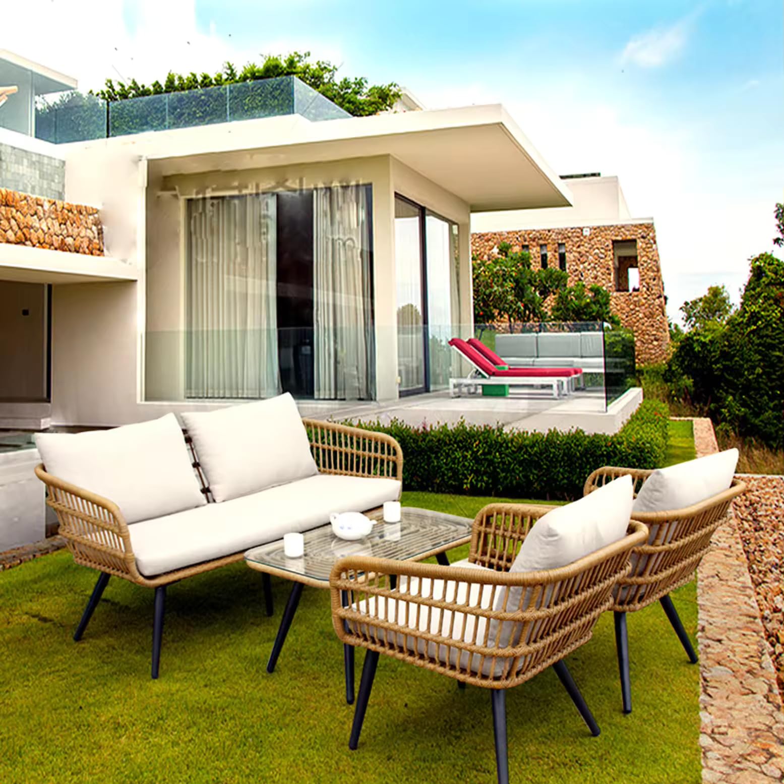 Outdoor Sofa Set for Garden | Patio Furniture Set | Conversation Set Premium Waterproof HDPE Rope and Powder Coated Iron Frame All Weather Resistant (P56-SS-4 SEAT-Beige-White)-image-32