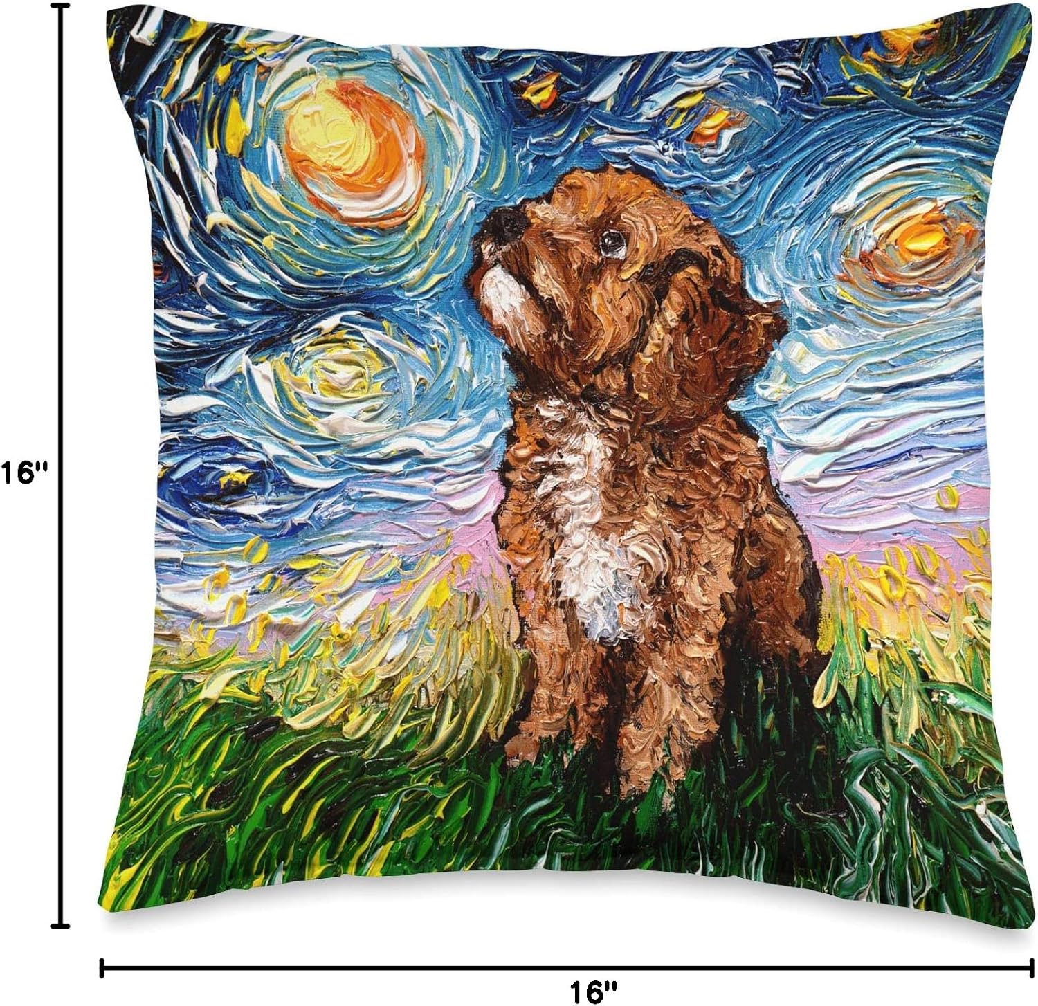 Cavapoo Starry Night Impressionist Dog Art by Aja Throw Pillow