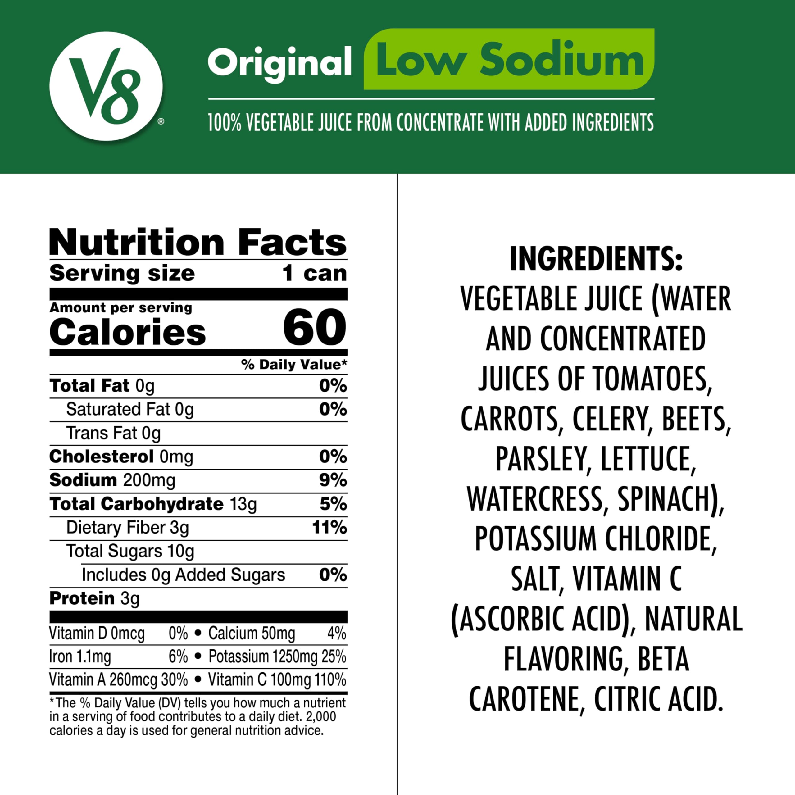 V8 Low Sodium Original 100% Vegetable Juice, 11.5 fl oz Can