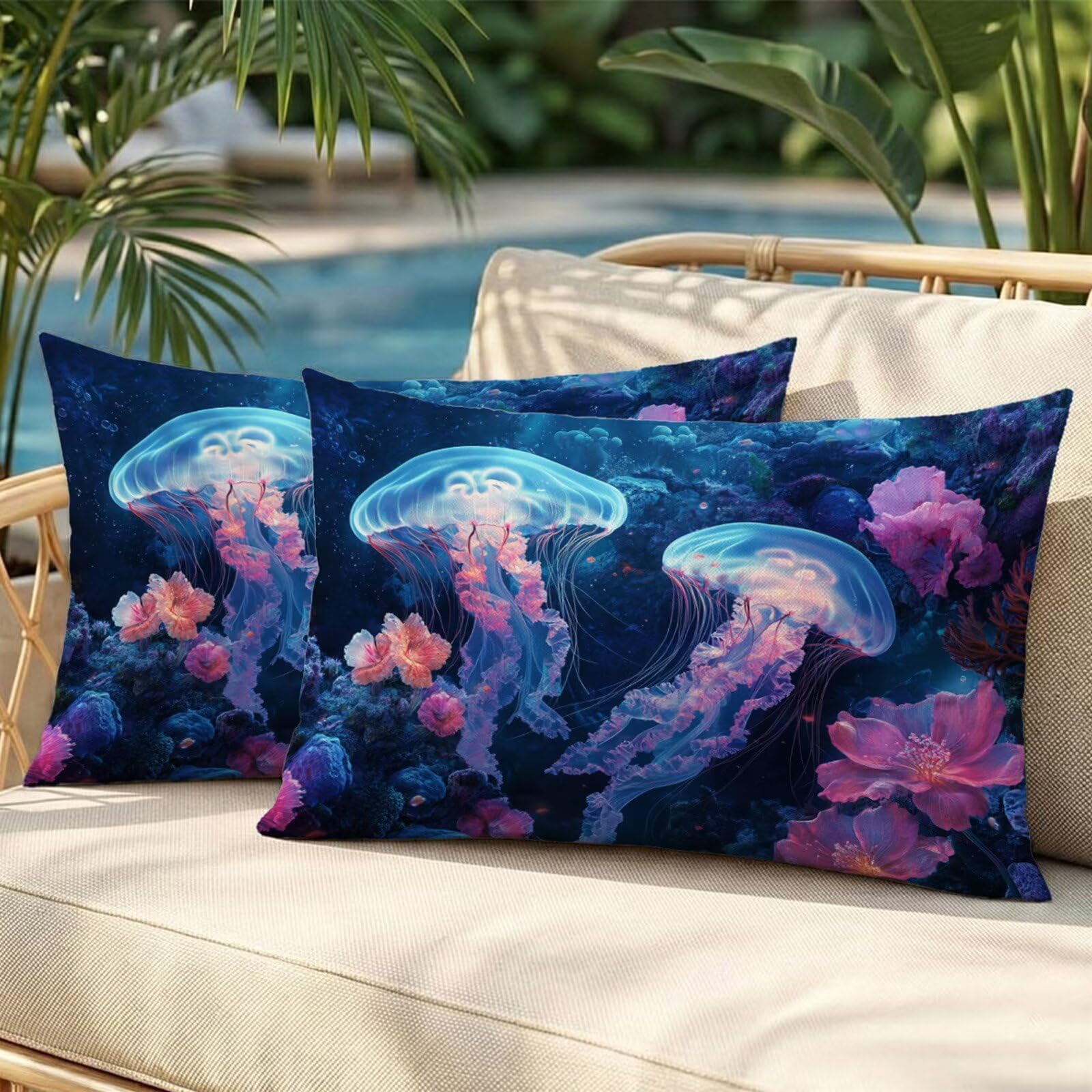 Coussin extérieur imperméable en lin avec fermeture éclair invisible x2