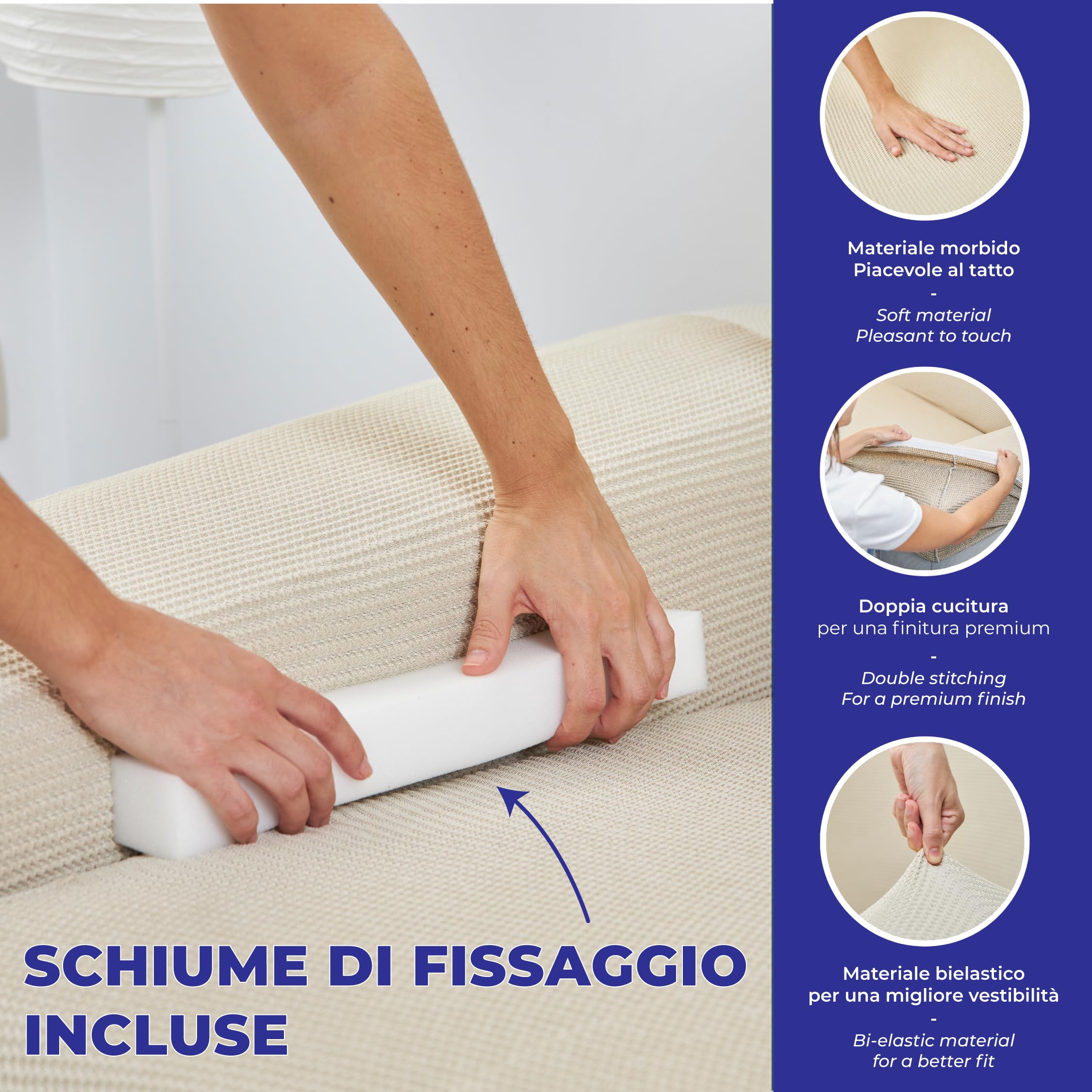 Copridivano Chaise Longue Elastico Avorio Fatto in Europa, Copri Divano con Penisola Universale Angolare, Tessuto Bielastico Qualità (Penisola a Sinistra-Vista Frontale, Bracciolo Lungo)