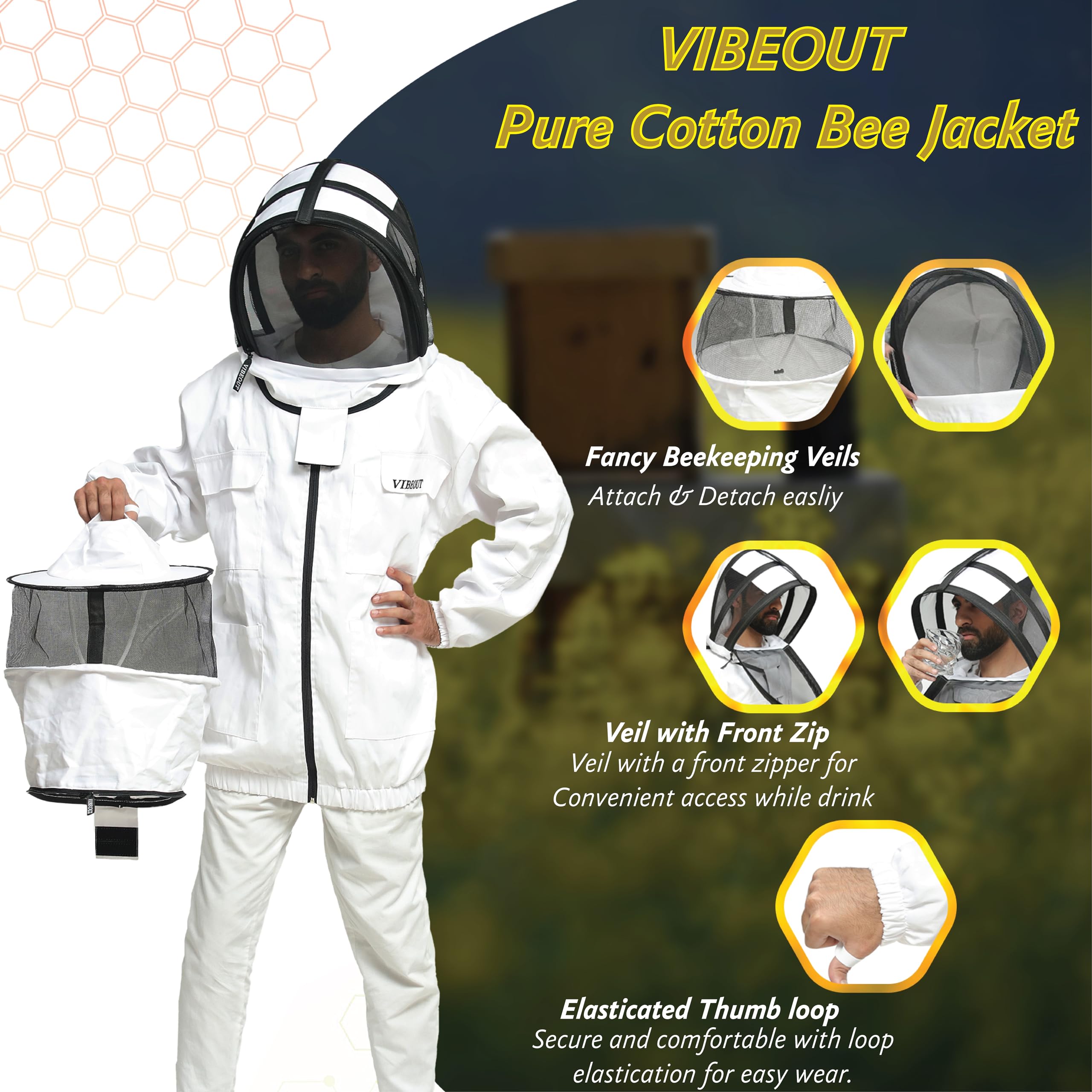 Giacca da apicoltore in cotone Giacca da apicoltore professionale Rotonda e scherma Cappuccio con cerniera a doppio velo Cappello Giacca protettiva per vespa a prova di puntura (Bianco, Medium)