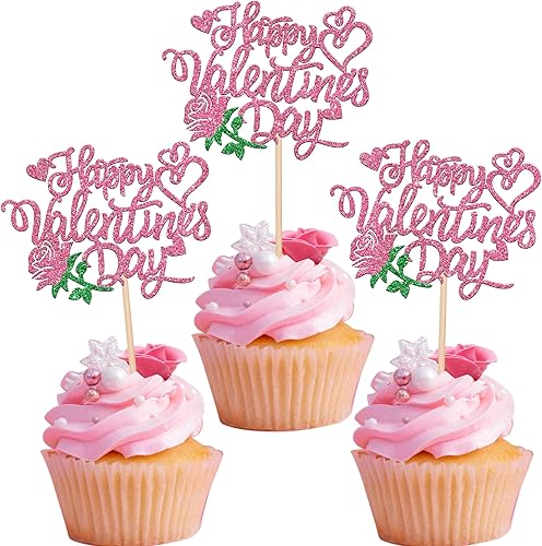 24 piezas de decoración para cupcakes con purpurina para el día de San Valentín corazón de rosa palillos para magdalenas de San Valentín decoración