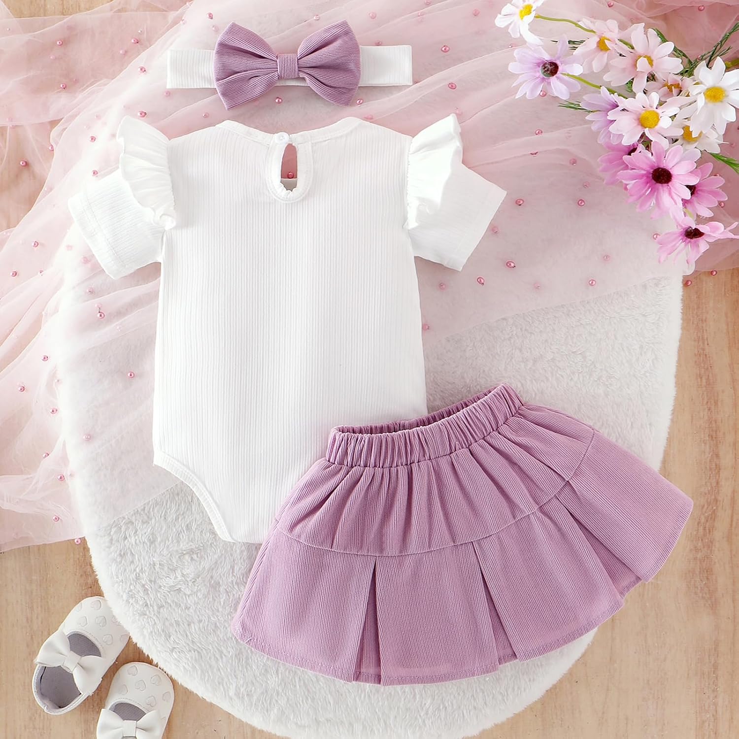 Baby Girl Clothes Summer Outfits Newborn Ruffled Short Sleeve Romper Cute Bows Skirt with Headband 3PCS 0-18 Months - Image 3