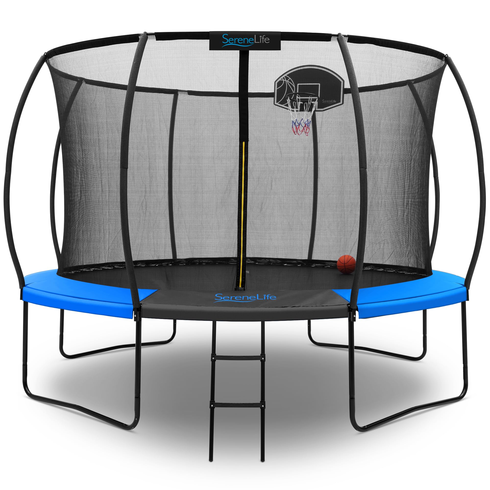 SereneLife 8FT 10FT 12FT 14FT Outdoor Trampoline for Kids - Recreational Backyard Trampoline with Curved Safety Poles and Net Enclosure- ASTM Approval