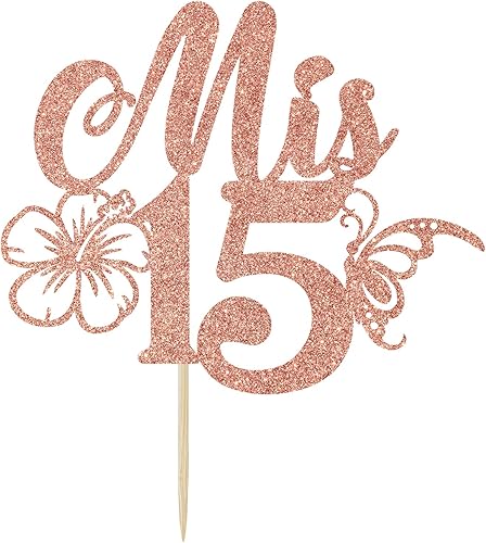 Miniatura 7 de Decoración para tartas Mis 15, Feliz 15 Anos/Mis Membrillo Anos, decoración de fiesta de cumpleaños de 15 años para niñas, purpurina de oro rosa