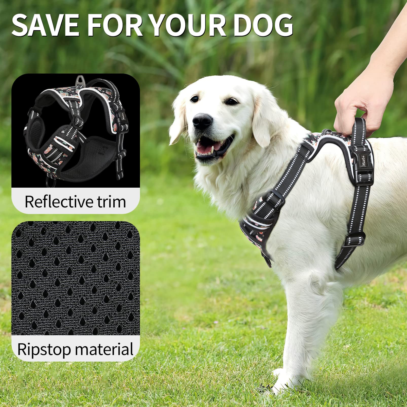 HEELE Pettorina Cane Taglia Piccola con Motivo Stampato, Riflettente Pettorina Addestramento Cani Anti Tiro con 2 Ganci in Metallo + Maniglia, Gilet per Cani Regolabile, Fiori-Nero, S