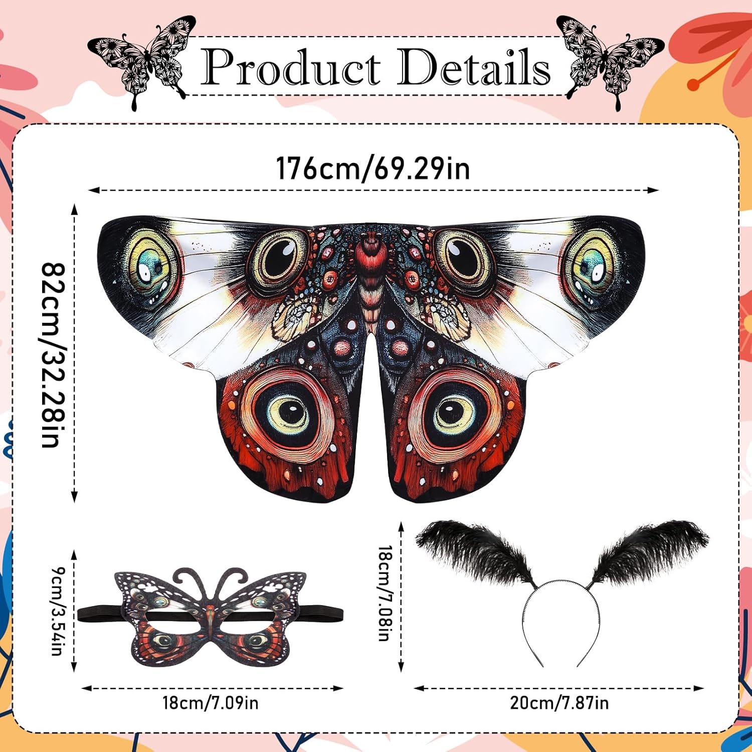 Moth Wings Costume for Women - Black White Double-Sided Printing Fairy Moth Wing Shawl with Black Feather Headband Butterfly Mask Set, Cosplay Costume Halloween Party Dress Up Daily Photo Prop - Image 3